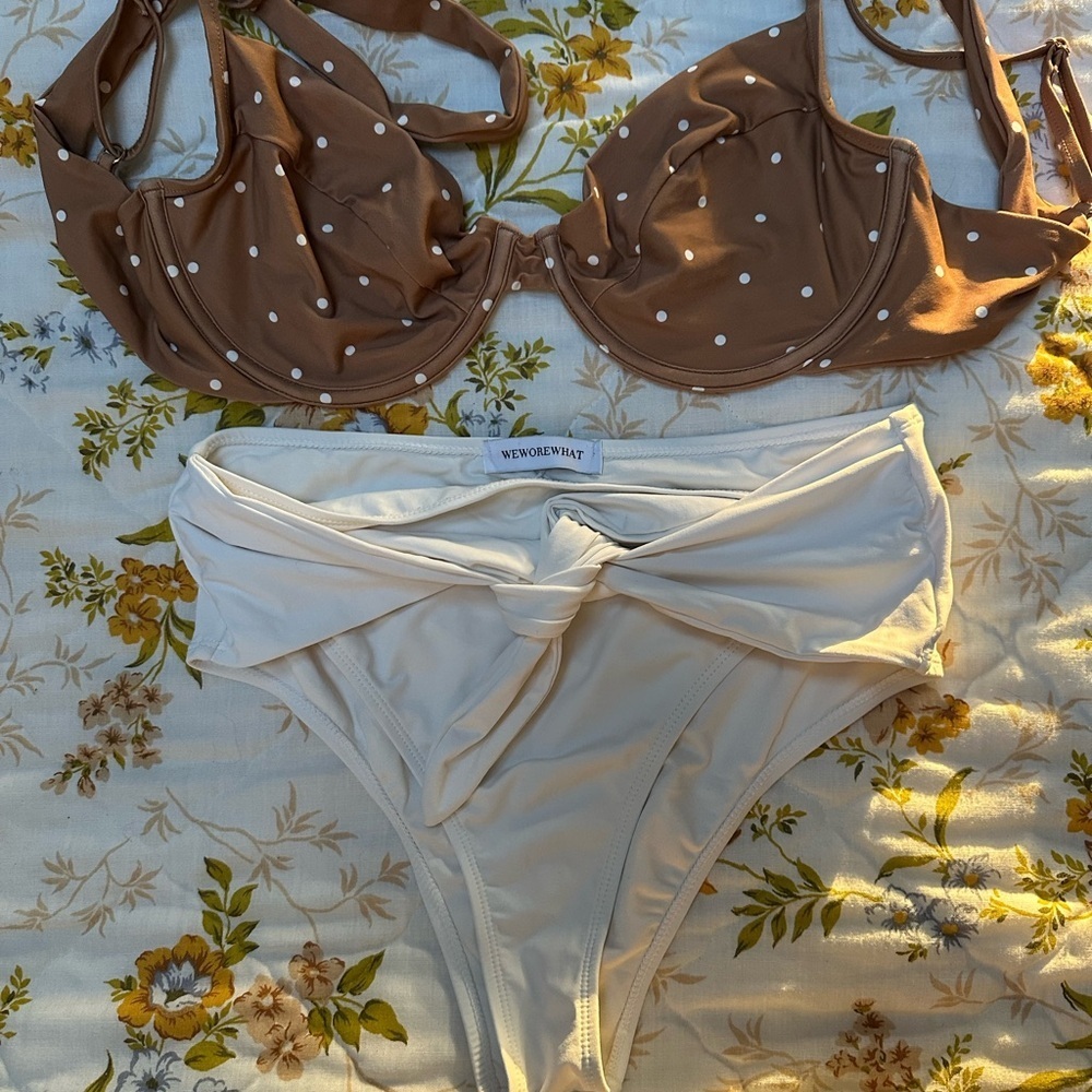 WeWoreWhat Mix and Match Brown Polka Dot Bikini Top and Cream Bottoms - Picture 3 of 3